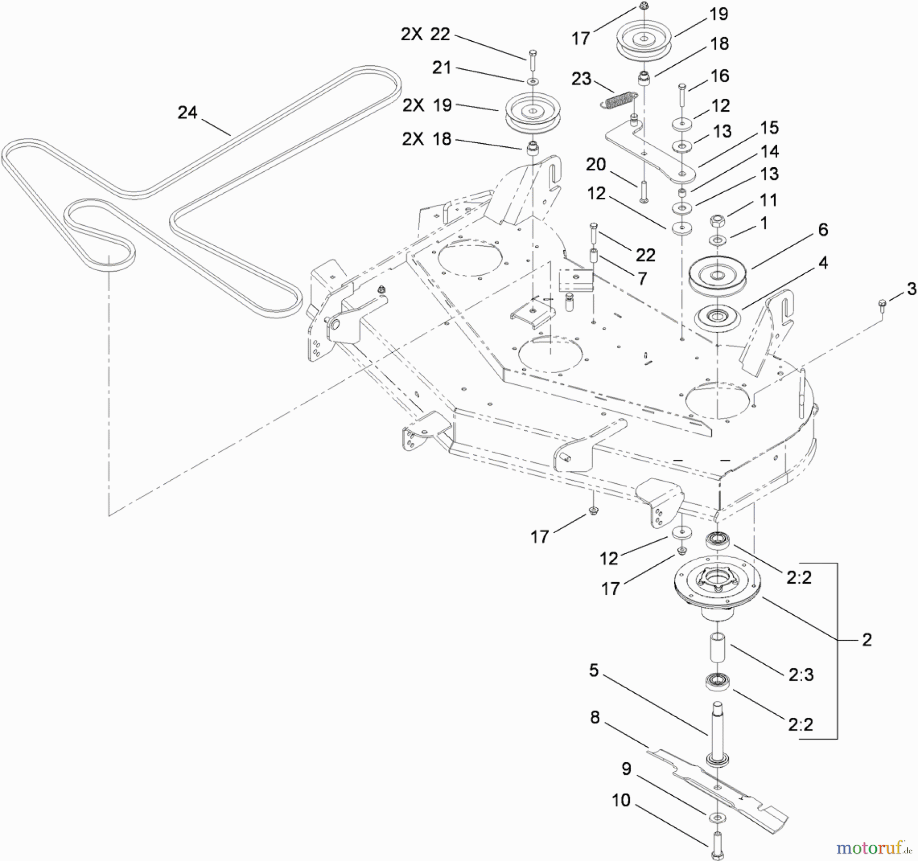 Toro Neu Mowers, Zero-Turn 74830 (ZX4800) - Toro TITAN ZX4800 Zero-Turn-Radius Riding Mower, 2010 (310000001-310999999) 48 INCH DECK SPINDLE AND BELT DRIVE ASSEMBLY