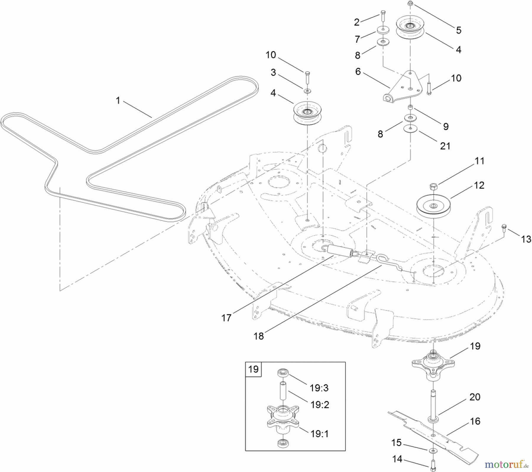  Toro Neu Mowers, Zero-Turn 74840 (ZX5020) - Toro TITAN ZX5020 Zero-Turn-Radius Riding Mower, 2011 (311000001-311999999) 50 INCH DECK BELT, SPINDLE AND BLADE ASSEMBLY