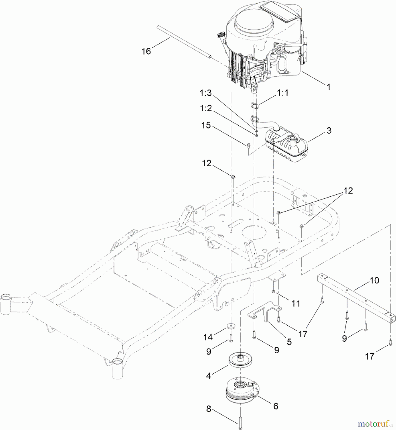 Toro Neu Mowers, Zero-Turn 74845 (ZX4820) - Toro TITAN ZX4820 Zero-Turn-Radius Riding Mower, 2012 (SN 312000001-312999999) ENGINE, MUFFLER AND CLUTCH ASSEMBLY