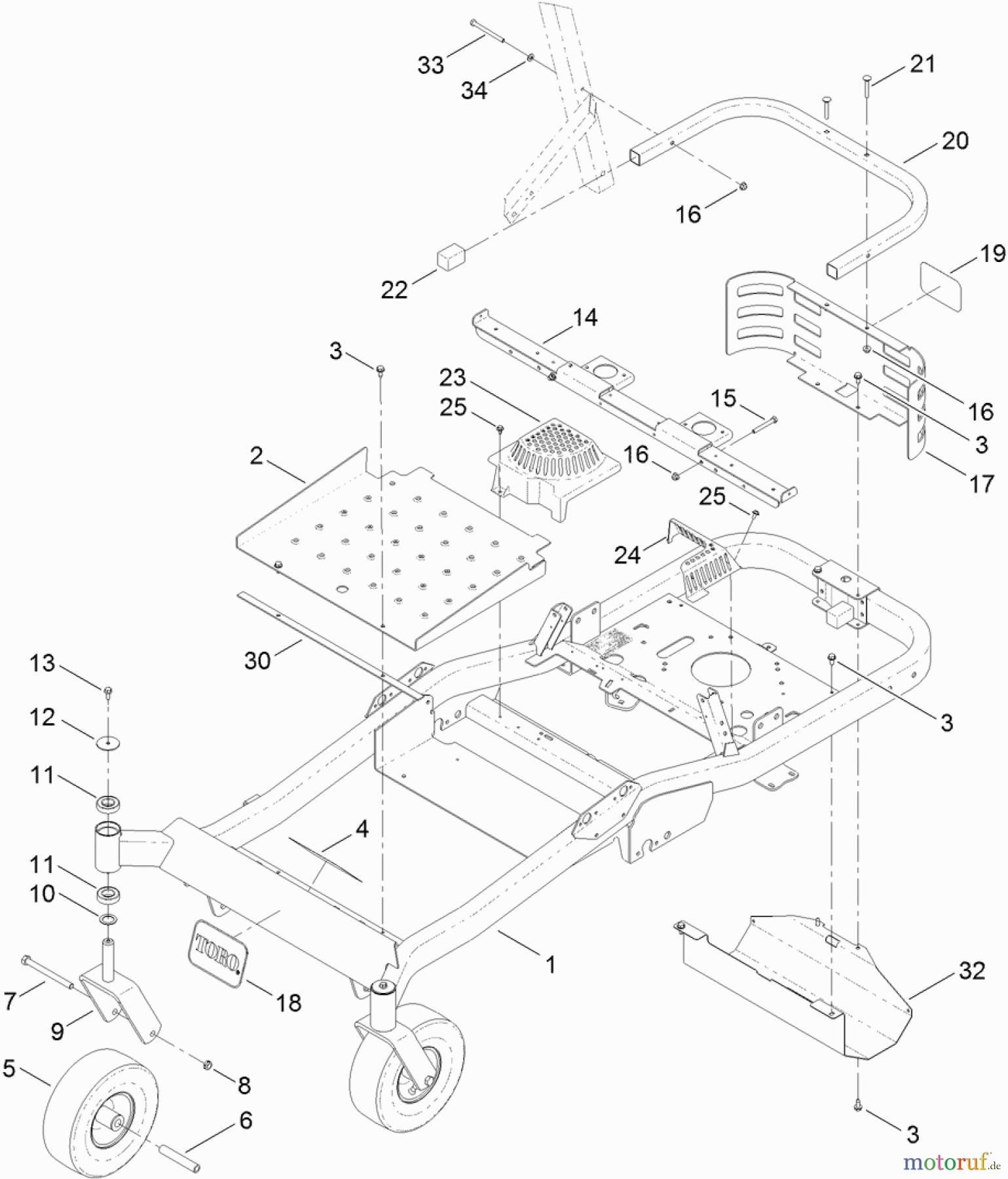  Toro Neu Mowers, Zero-Turn 74872 (MX5480) - Toro TITAN MX5480 Zero-Turn-Radius Riding Mower, 2012 (SN 312000001-312999999) MAIN FRAME AND CASTER WHEEL ASSEMBLY