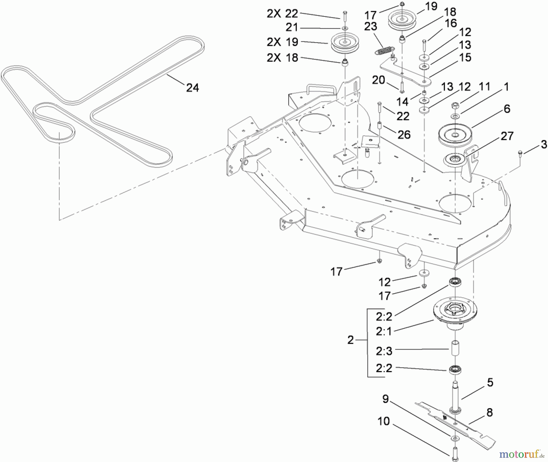 Toro Neu Mowers, Zero-Turn 74914 (ZX5400) - Toro TITAN ZX5400 Zero-Turn-Radius Riding Mower, 2010 (310000001-310999999) DECK SPINDLE AND BELT ASSEMBLY