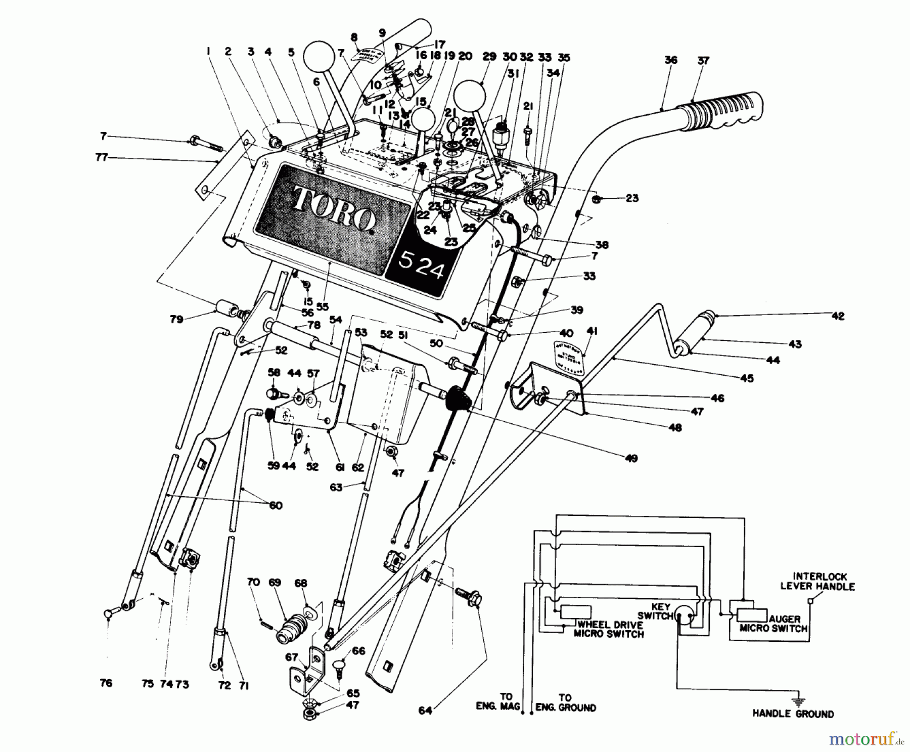 Toro Neu Snow Blowers/Snow Throwers Seite 1 31625 (524) - Toro 524 Snowthrower, 1977 (7000001-7999999) HANDLE ASSEMBLY
