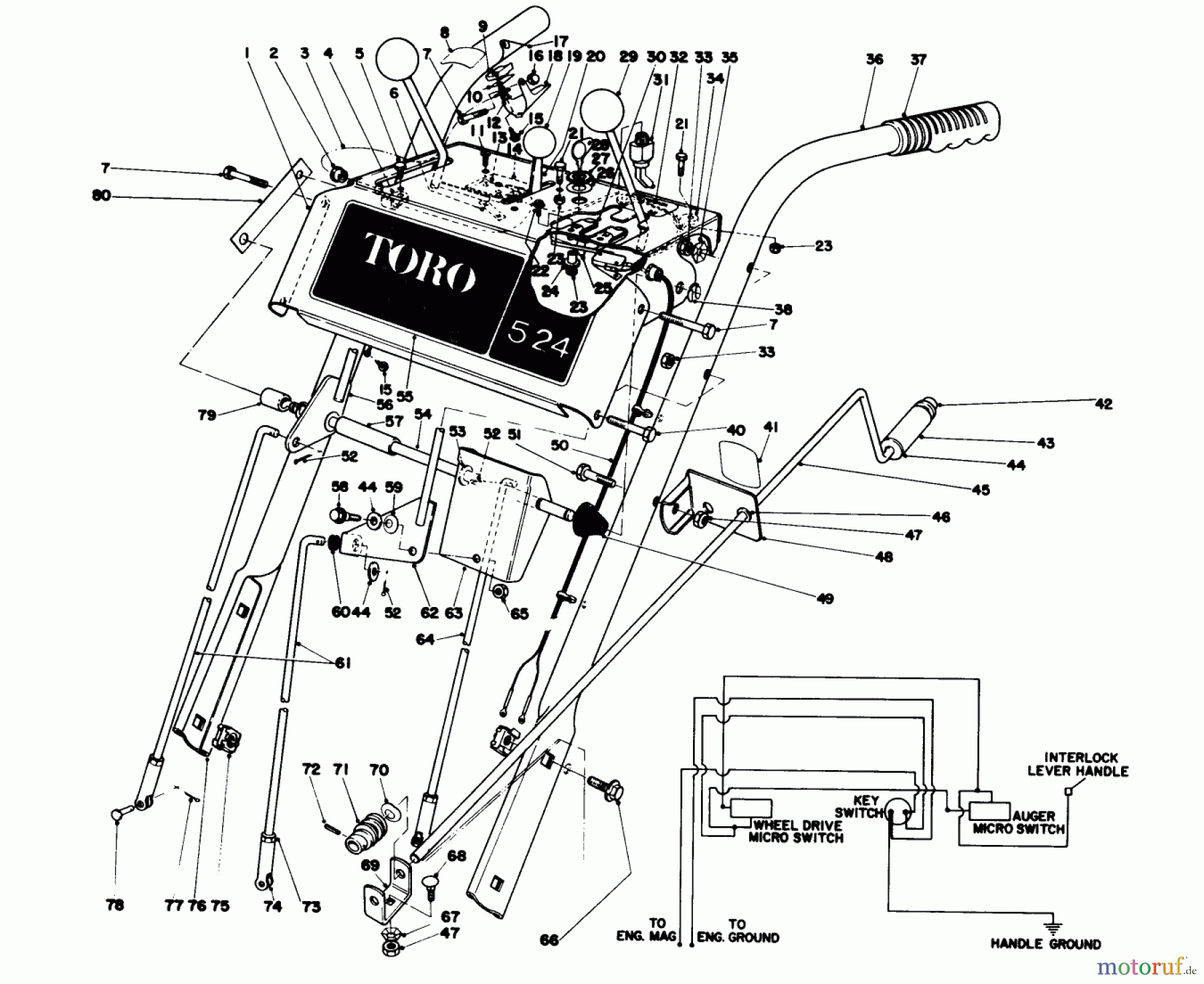  Toro Neu Snow Blowers/Snow Throwers Seite 1 38040 (524) - Toro 524 Snowthrower, 1980 (0000001-0999999) HANDLE ASSEMBLY