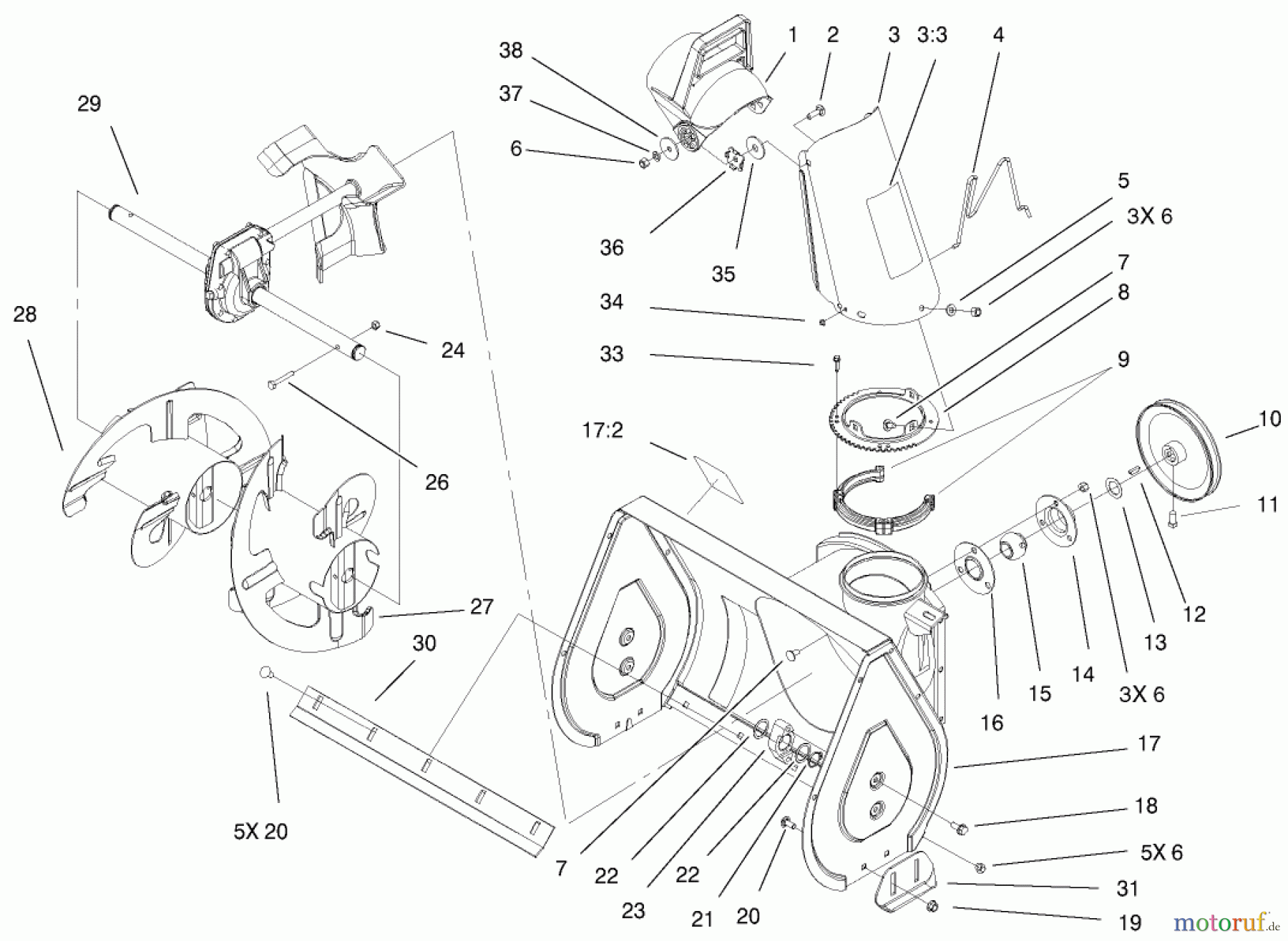  Toro Neu Snow Blowers/Snow Throwers Seite 1 38051 (522) - Toro 522 Snowthrower, 2001 (210000001-210999999) CHUTE AND AUGER ASSEMBLY