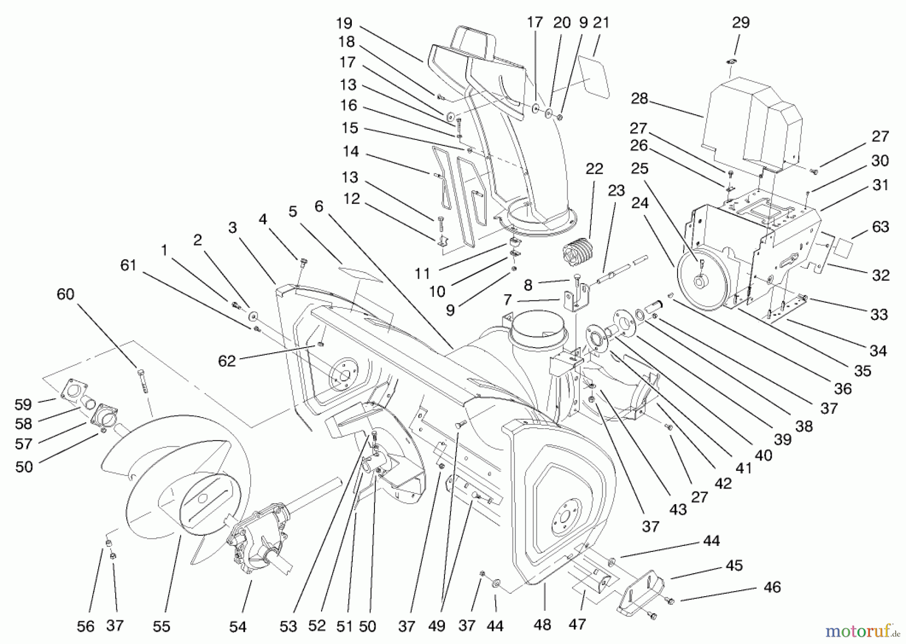  Toro Neu Snow Blowers/Snow Throwers Seite 1 38079 (924) - Toro 924 Power Shift Snowthrower, 2000 (200000001-200999999) HOUSING AND ENGINE FRAME ASSEMBLY