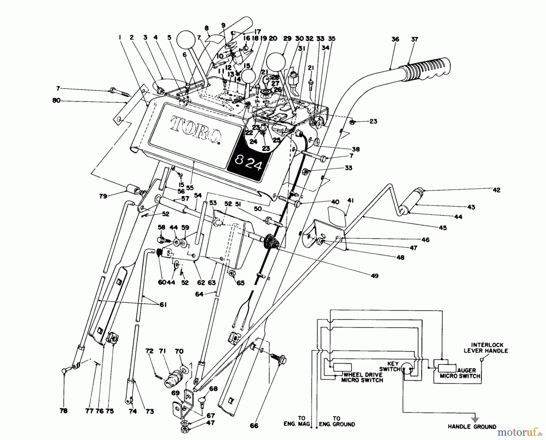  Toro Neu Snow Blowers/Snow Throwers Seite 1 38085 (824) - Toro 824 Snowthrower, 1980 (0000001-0999999) HANDLE ASSEMBLY