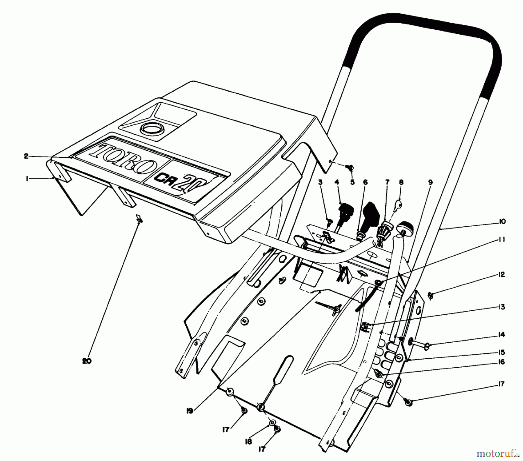  Toro Neu Snow Blowers/Snow Throwers Seite 1 38115C (CR-20R) - Toro CR-20 Snowthrower, 1987 (7000001-7999999) SHROUD & HANDLE ASSEMBLY