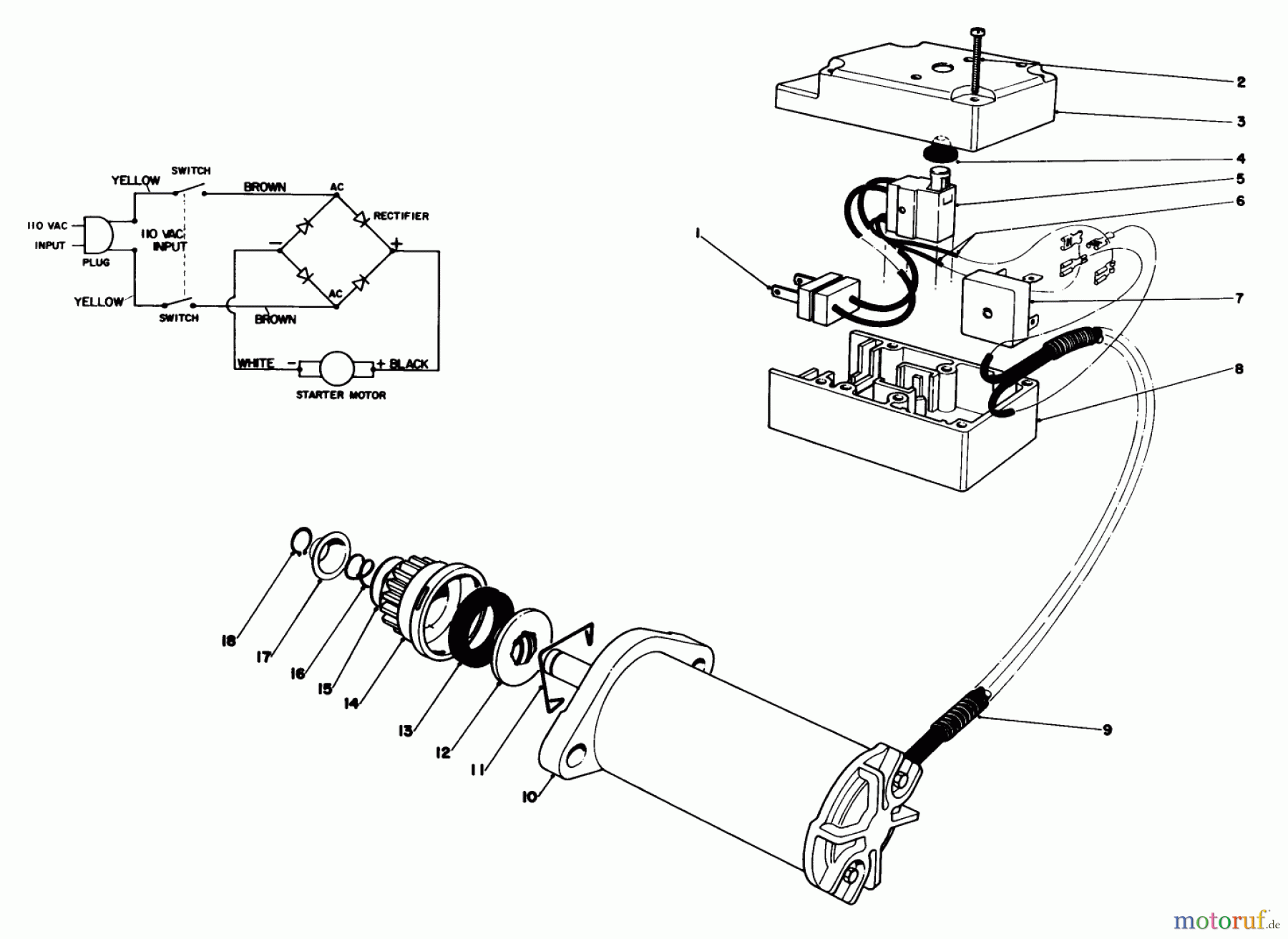 Toro Neu Snow Blowers/Snow Throwers Seite 1 38116 (CR-20R) - Toro CR-20 Snowthrower, 1988 (8000001-8999999) STARTER MOTOR & SWITCH ASSEMBLY