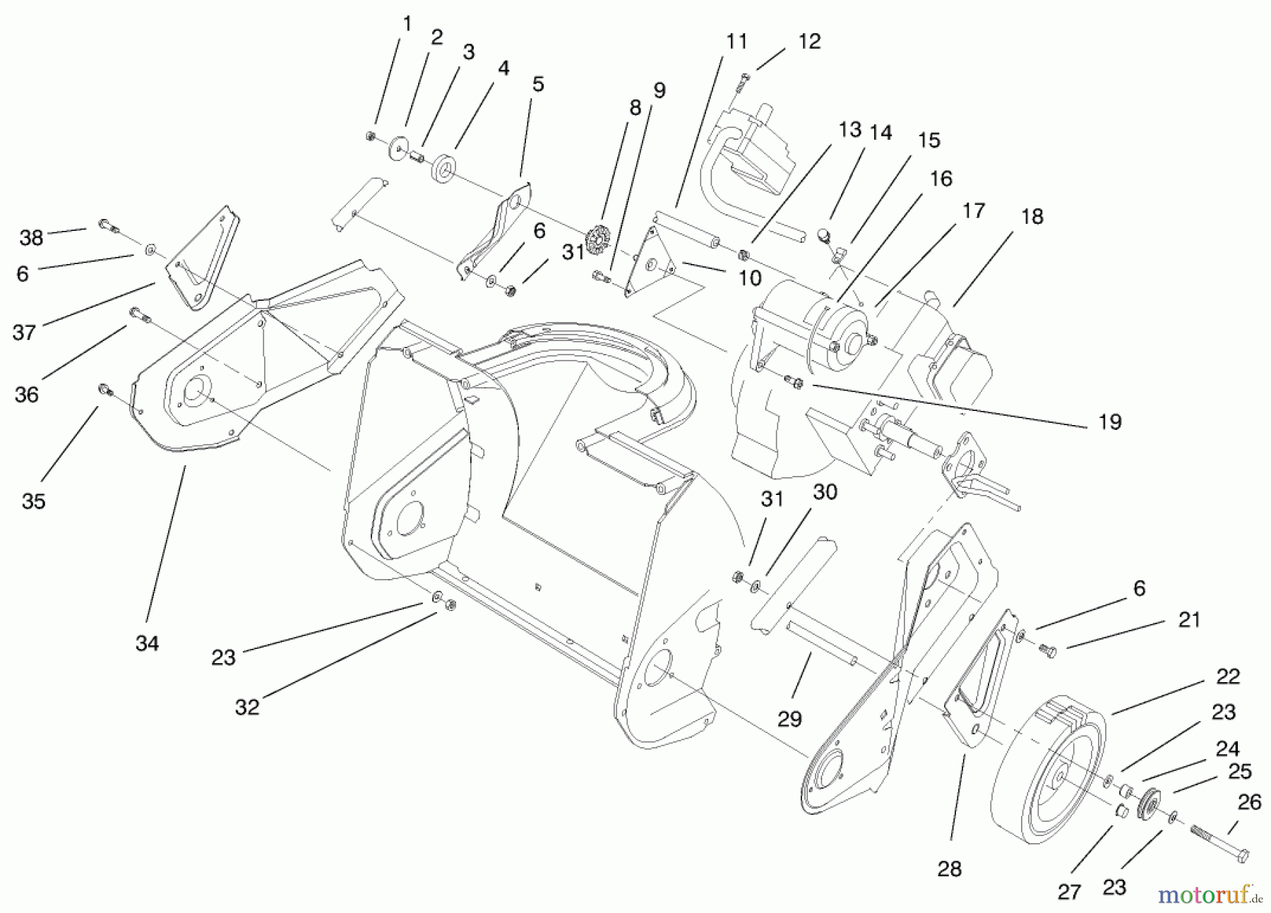  Toro Neu Snow Blowers/Snow Throwers Seite 1 38177 - Toro CCR Powerlite Snowthrower, 1999 (99000001-99999999) ENGINE & WHEEEL ASSEMBLY