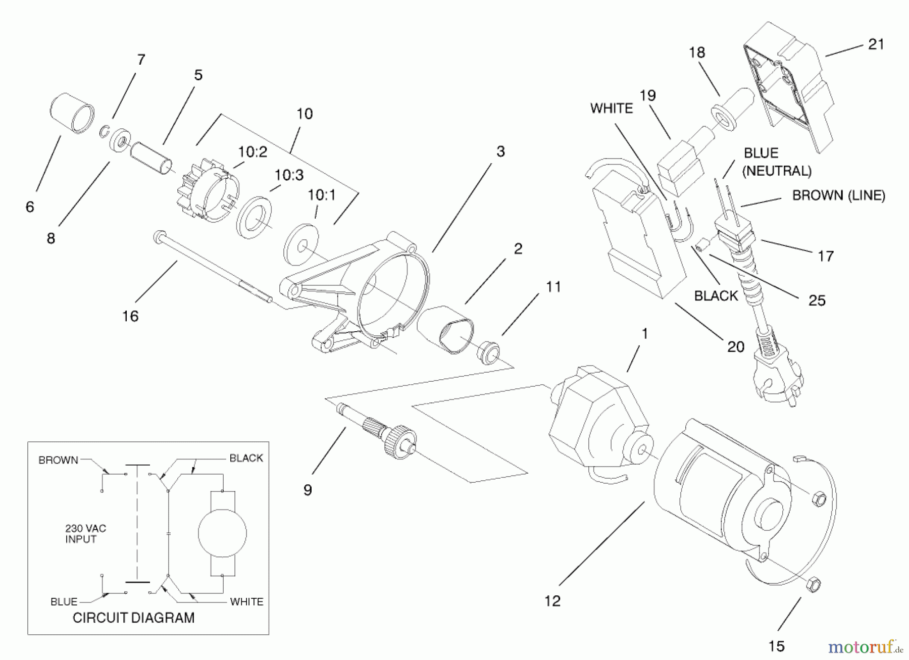  Toro Neu Snow Blowers/Snow Throwers Seite 1 38173 - Toro CCR Powerlite Snowthrower, 2002 (220000001-220999999) MOTOR AND SWITCH HOUSING ASSEMBLY NO. 105-2957 (ONLY ON 38183)(230 VOLT)