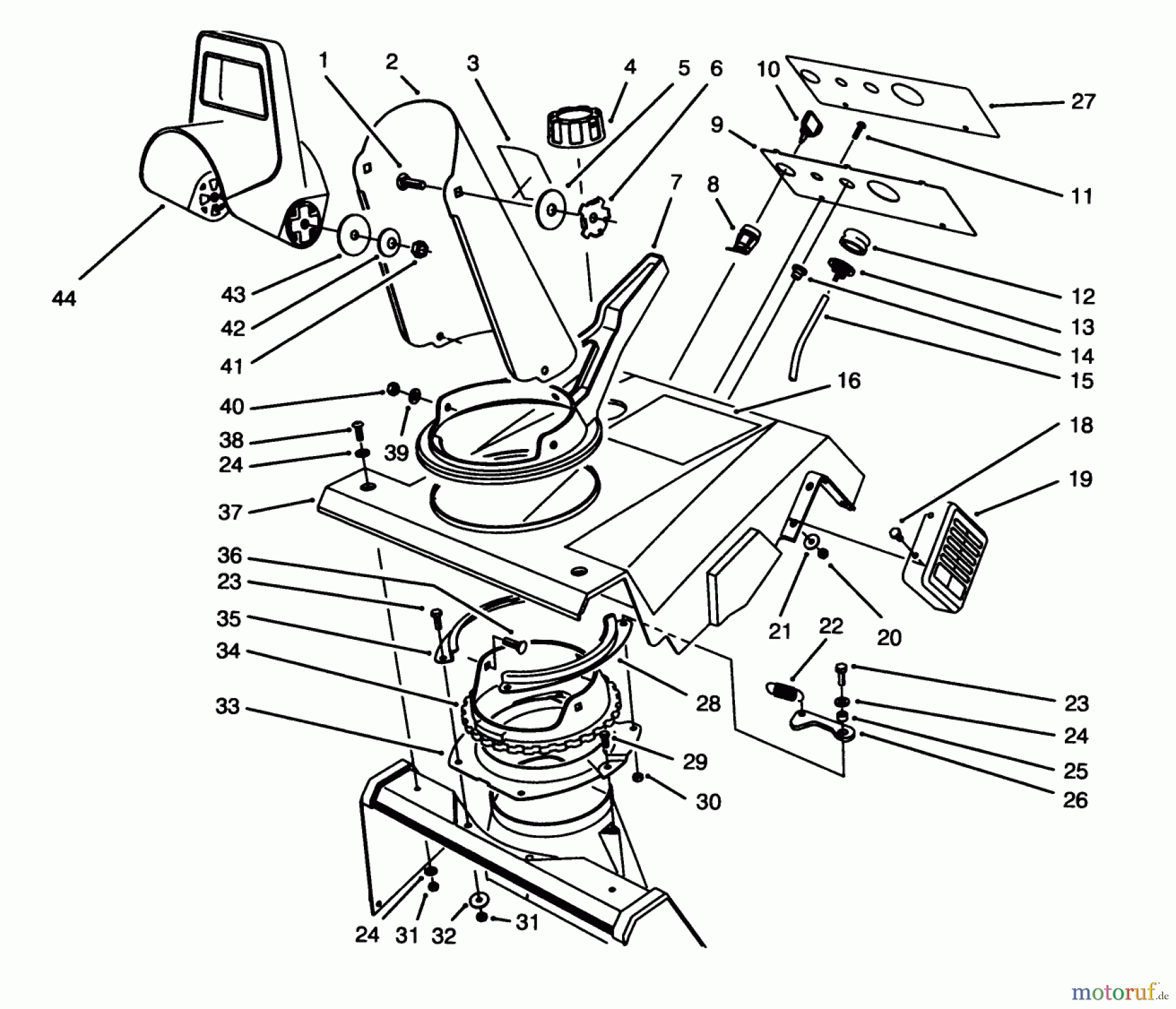  Toro Neu Snow Blowers/Snow Throwers Seite 1 38190 - Toro CCR 1000 Snowthrower, 1994 (49000001-49999999) UPPER SHROUD ASSEMBLY