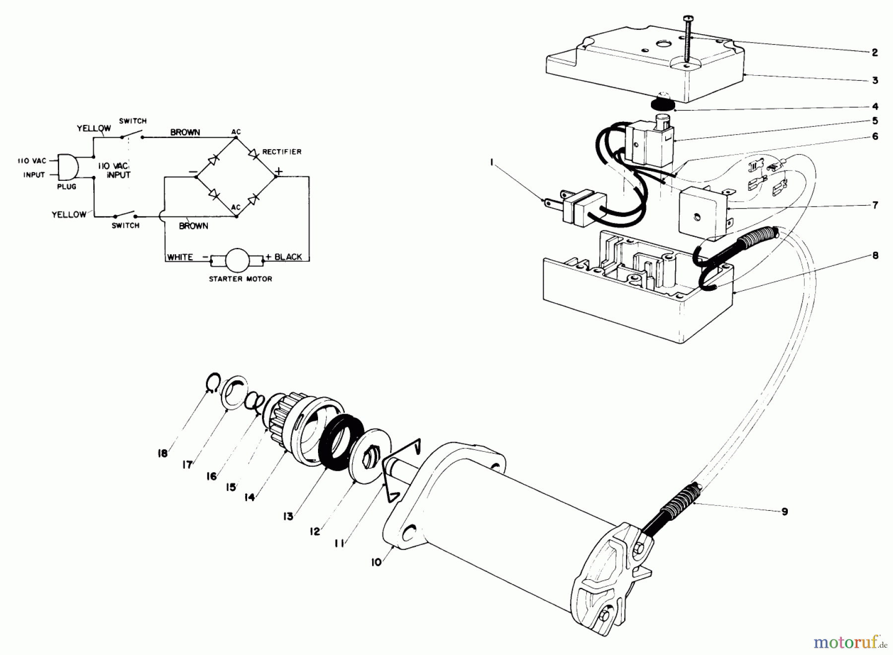  Toro Neu Snow Blowers/Snow Throwers Seite 1 38235 (S-200) - Toro S-200 Snowthrower, 1980 (0000001-0999999) STARTER MOTOR & SWITCH ASSEMBLY (MODEL 38235)