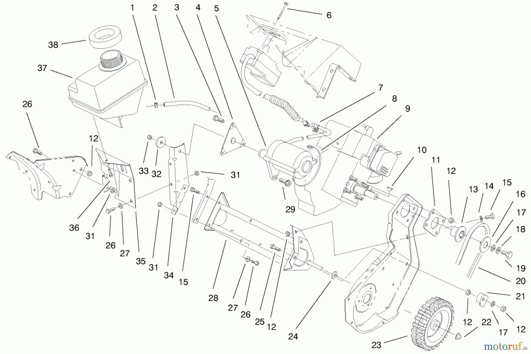Toro Neu Snow Blowers/Snow Throwers Seite 1 38405 (1000) - Toro CCR 1000 Snowthrower, 1999 (99000001-99999999) ENGINE & GAS TANK ASSEMBLY