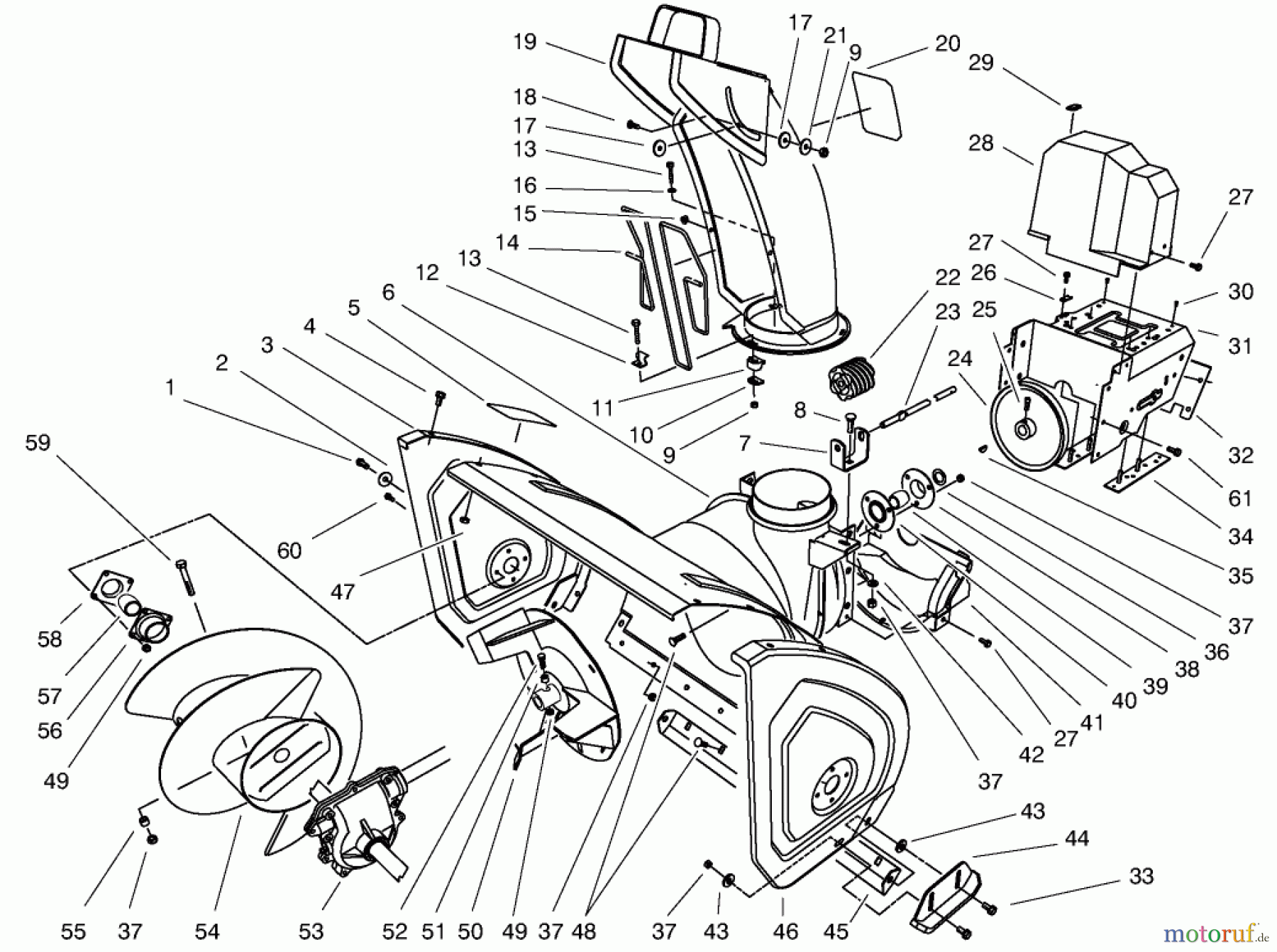 Toro Neu Snow Blowers/Snow Throwers Seite 1 38555 (1028) - Toro 1028 Power Shift Snowthrower, 1997 (790000001-799999999) HOUSING & CHUTE ASSEMBLY