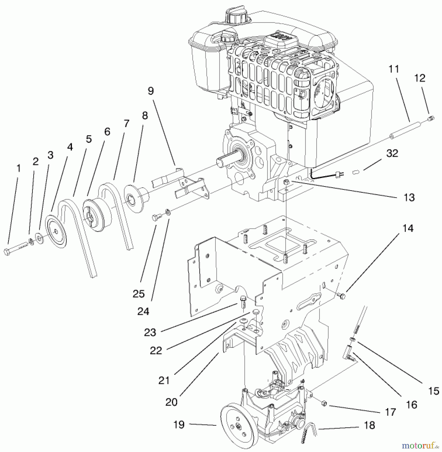 Toro Neu Snow Blowers/Snow Throwers Seite 1 38559 (1028) - Toro 1028 Power Shift Snowthrower, 1999 (99000001-99999999) ENGINE & TRANSMISSION DRIVE ASSEMBLY