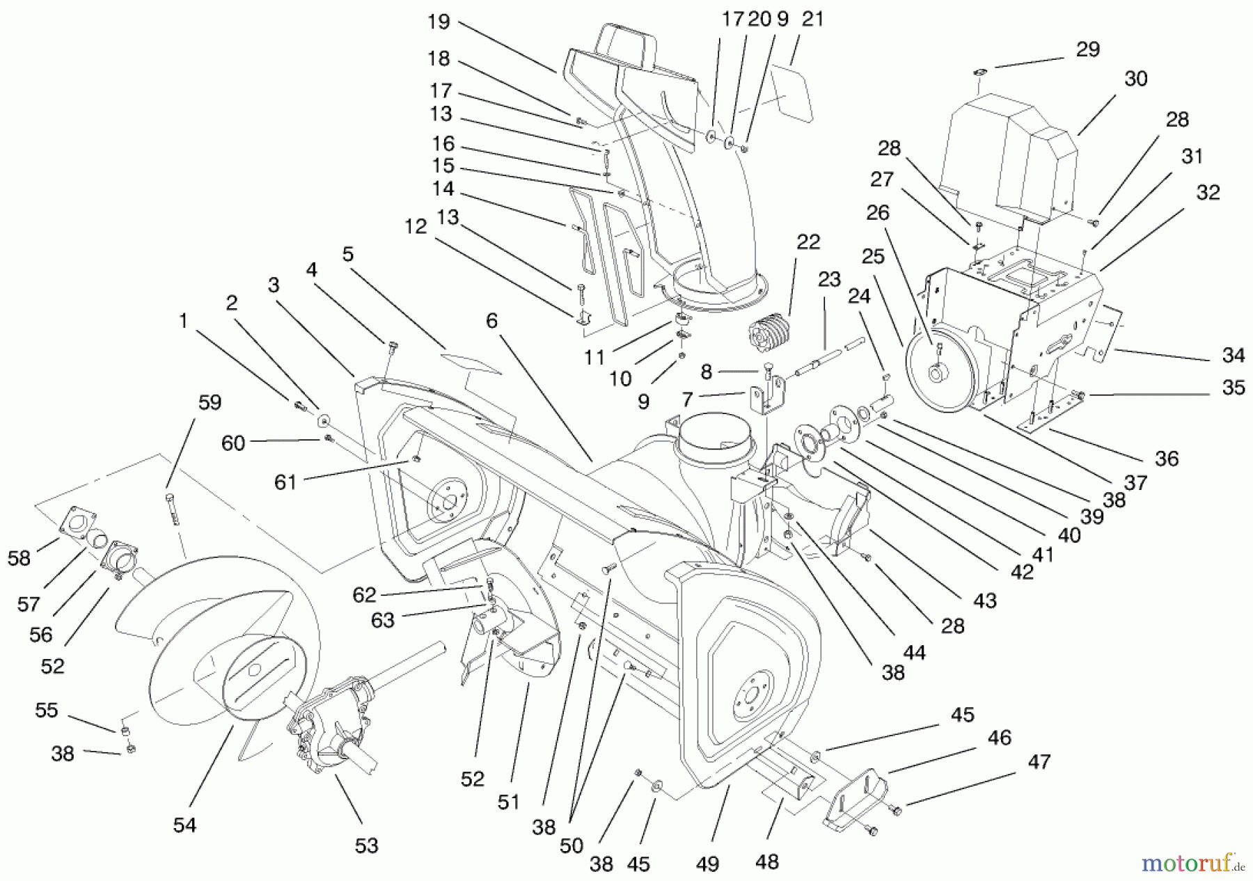  Toro Neu Snow Blowers/Snow Throwers Seite 1 38558 (1028) - Toro 1028 Power Shift Snowthrower, 1999 (99000001-99999999) HOUSING ASSEMBLY