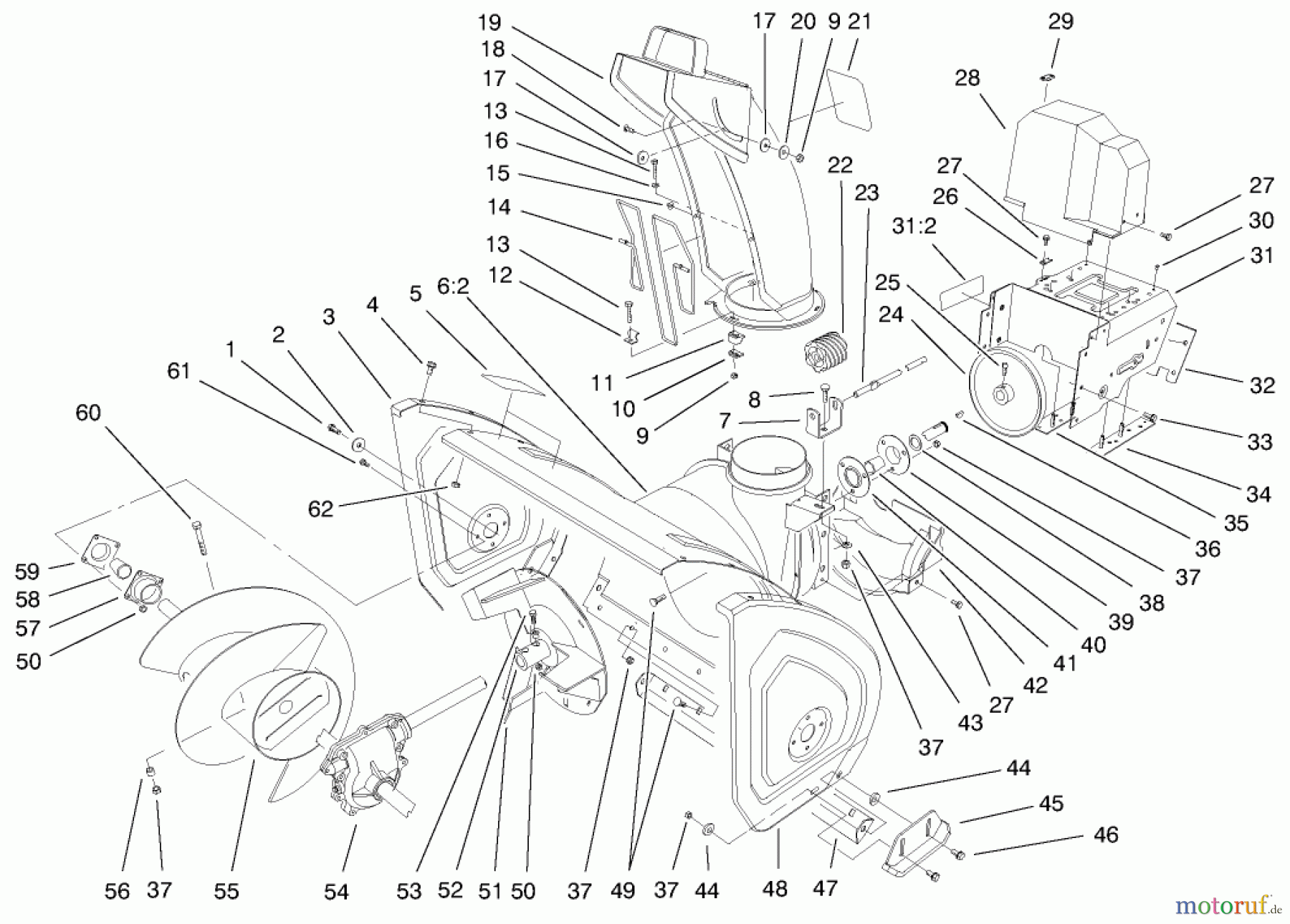 Toro Neu Snow Blowers/Snow Throwers Seite 1 38559 (1028) - Toro 1028 Power Shift Snowthrower, 2000 (200000001-200999999) HOUSING AND ENGINE FRAME ASSEMBLY