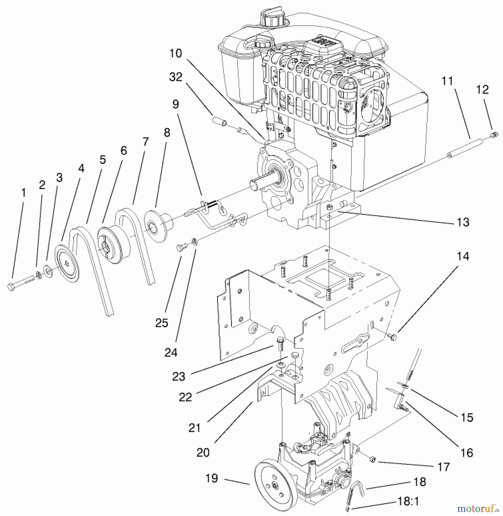  Toro Neu Snow Blowers/Snow Throwers Seite 1 38559 (1028) - Toro 1028 Power Shift Snowthrower, 2001 (210000001-210999999) ENGINE AND TRANSMISSION ASSEMBLY