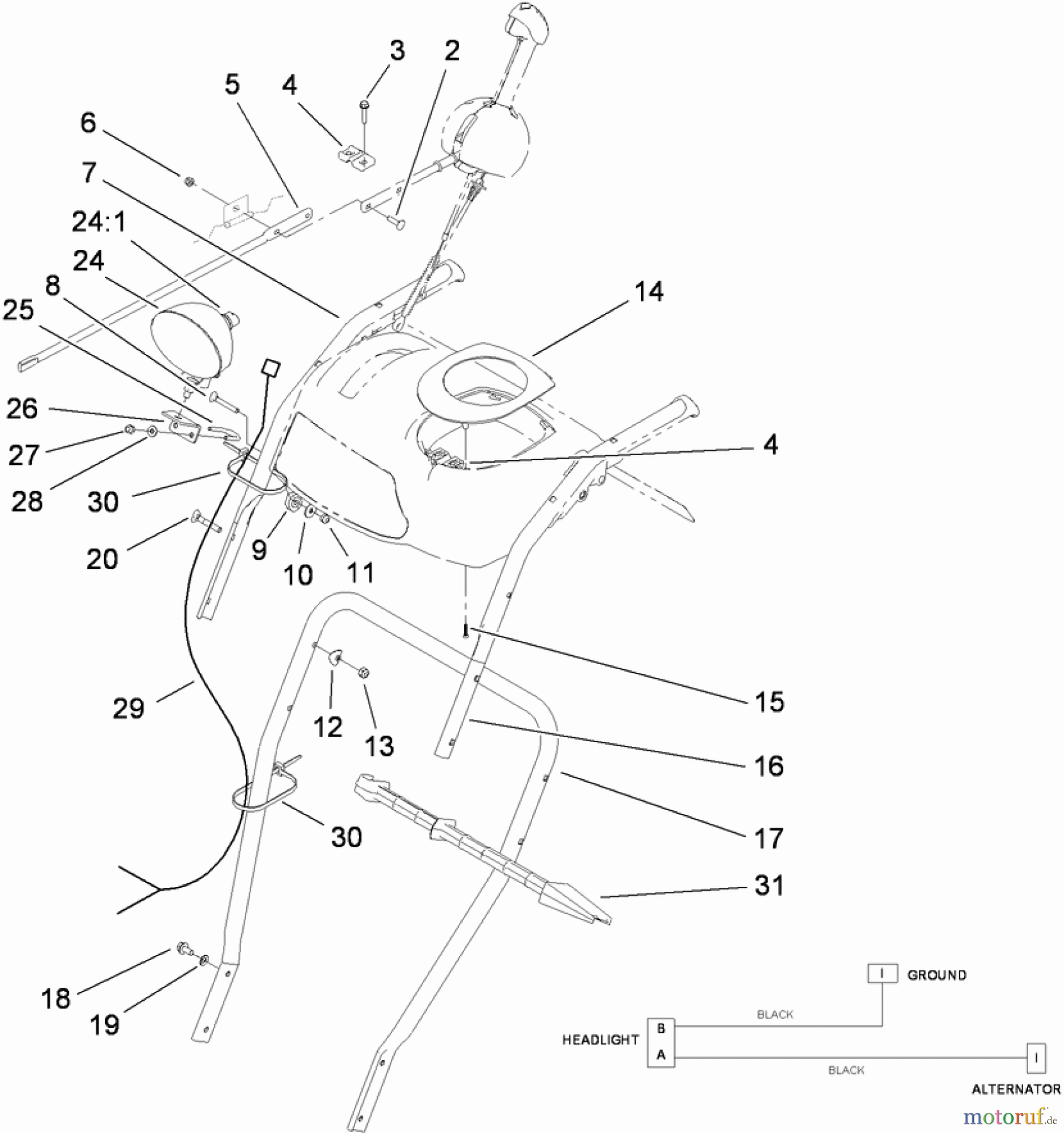 Toro Neu Snow Blowers/Snow Throwers Seite 2 38644 (1028 OXE) - Toro Power Max 1028 OXE Snowthrower, 2010 (310000001-310999999) LOWER HANDLE AND HEADLAMP ASSEMBLY