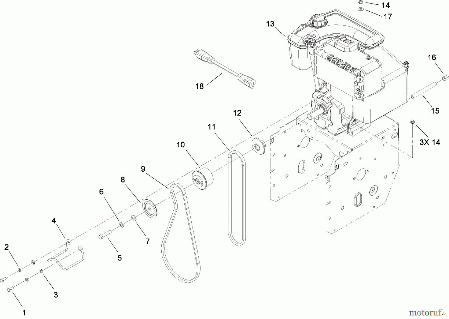 Toro Neu Snow Blowers/Snow Throwers Seite 2 38650 (1128 OXE) - Toro Power Max 1128 OXE Snowthrower, 2007 (270000001-270999999) ENGINE AND BELT ASSEMBLY