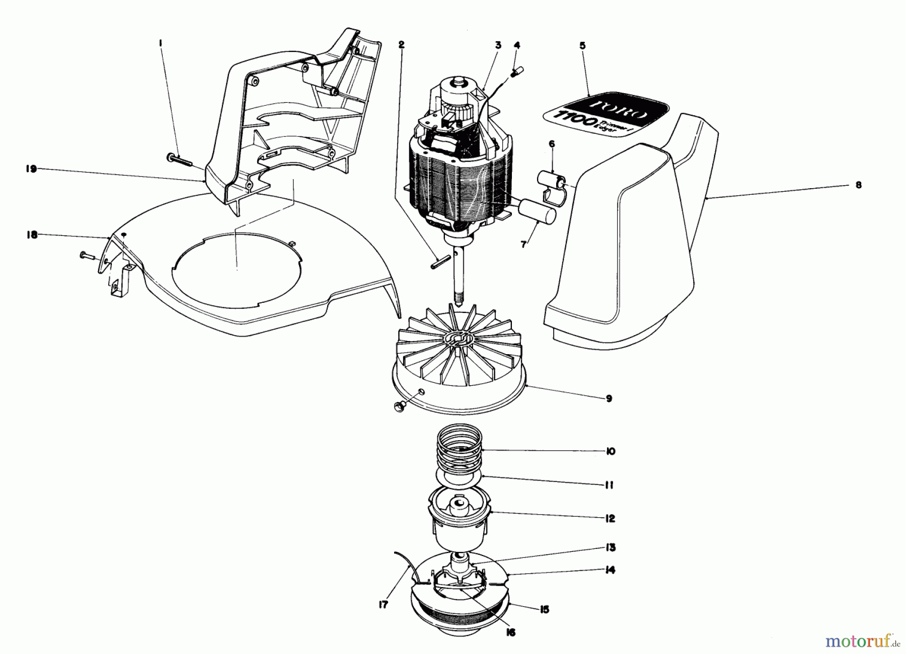 Toro Neu Trimmers, String/Brush 51310 (1100) - Toro 1100 Electric Trimmer, 1980 (0000001-0999999) MOTOR & HOUSING ASSEMBLY