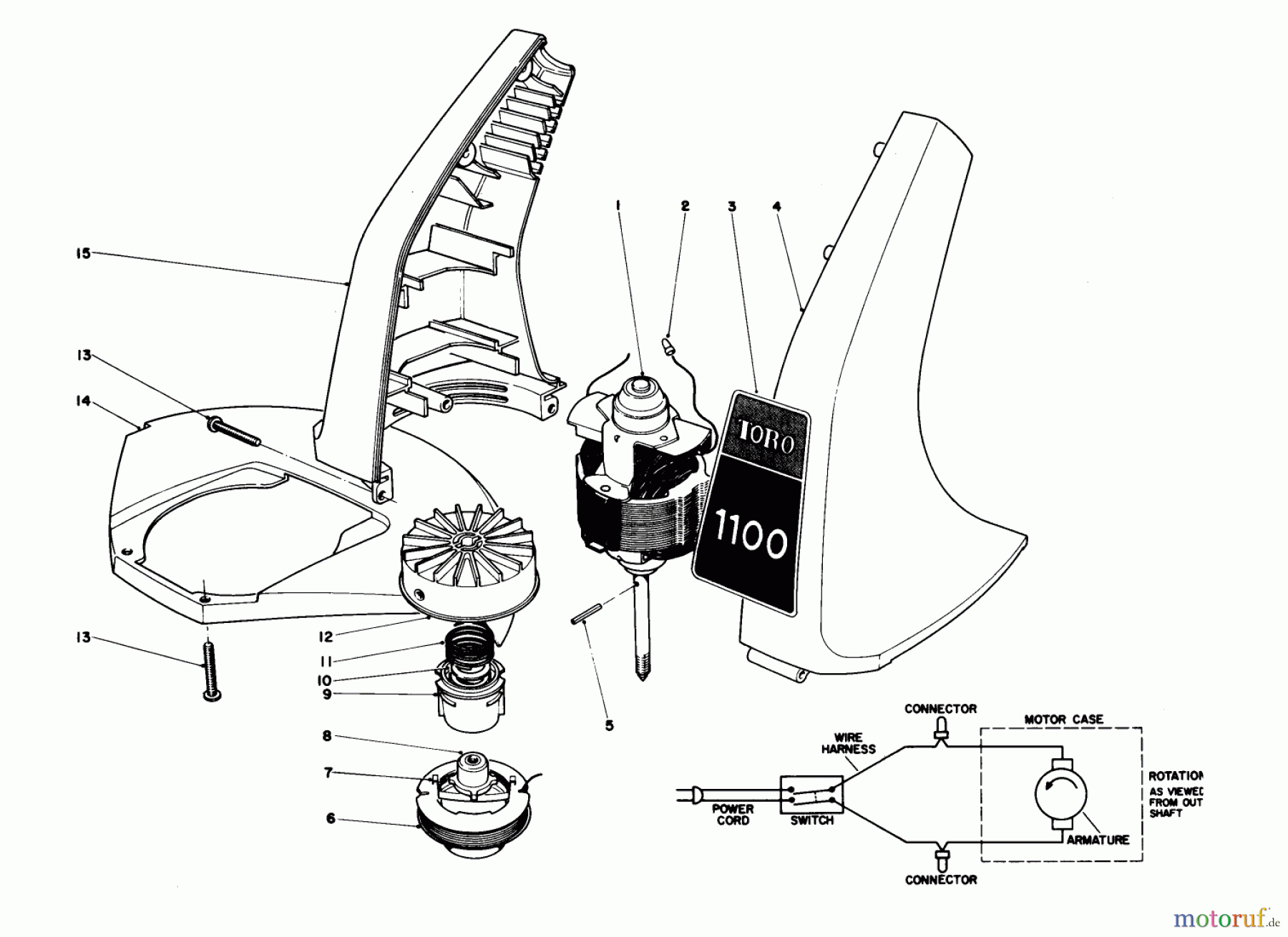 Toro Neu Trimmers, String/Brush 51321 (1100) - Toro 1100 Electric Trimmer, 1981 (1000001-1999999) MOTOR AND HOUSING ASSEMBLY