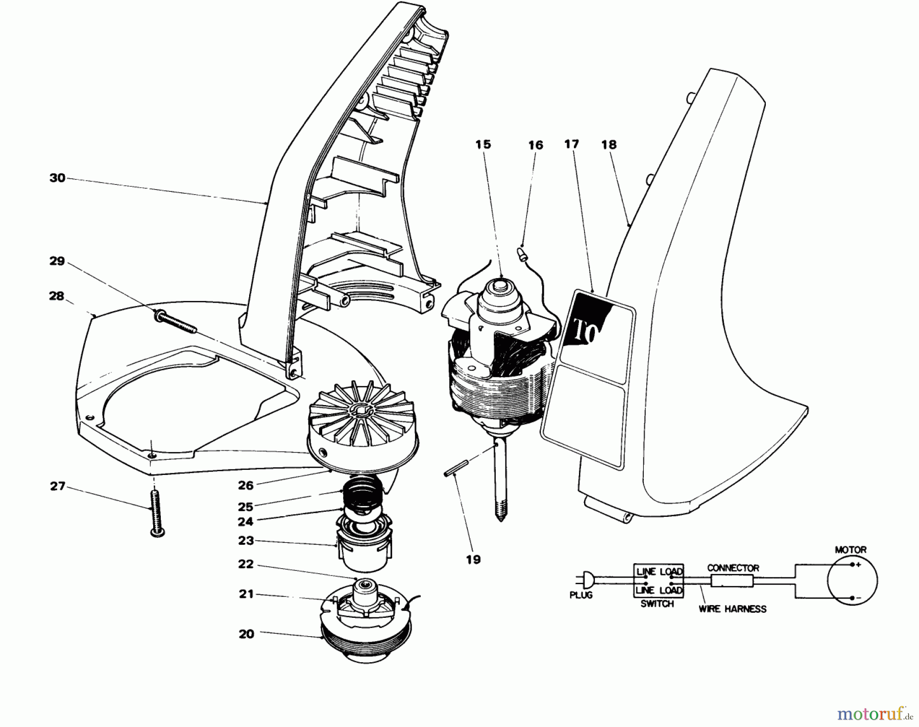 Toro Neu Trimmers, String/Brush 51325 (1100) - Toro 1100 Electric Trimmer, 1979 (9000001-9999999) MOTOR AND HOUSING ASSEMBLY