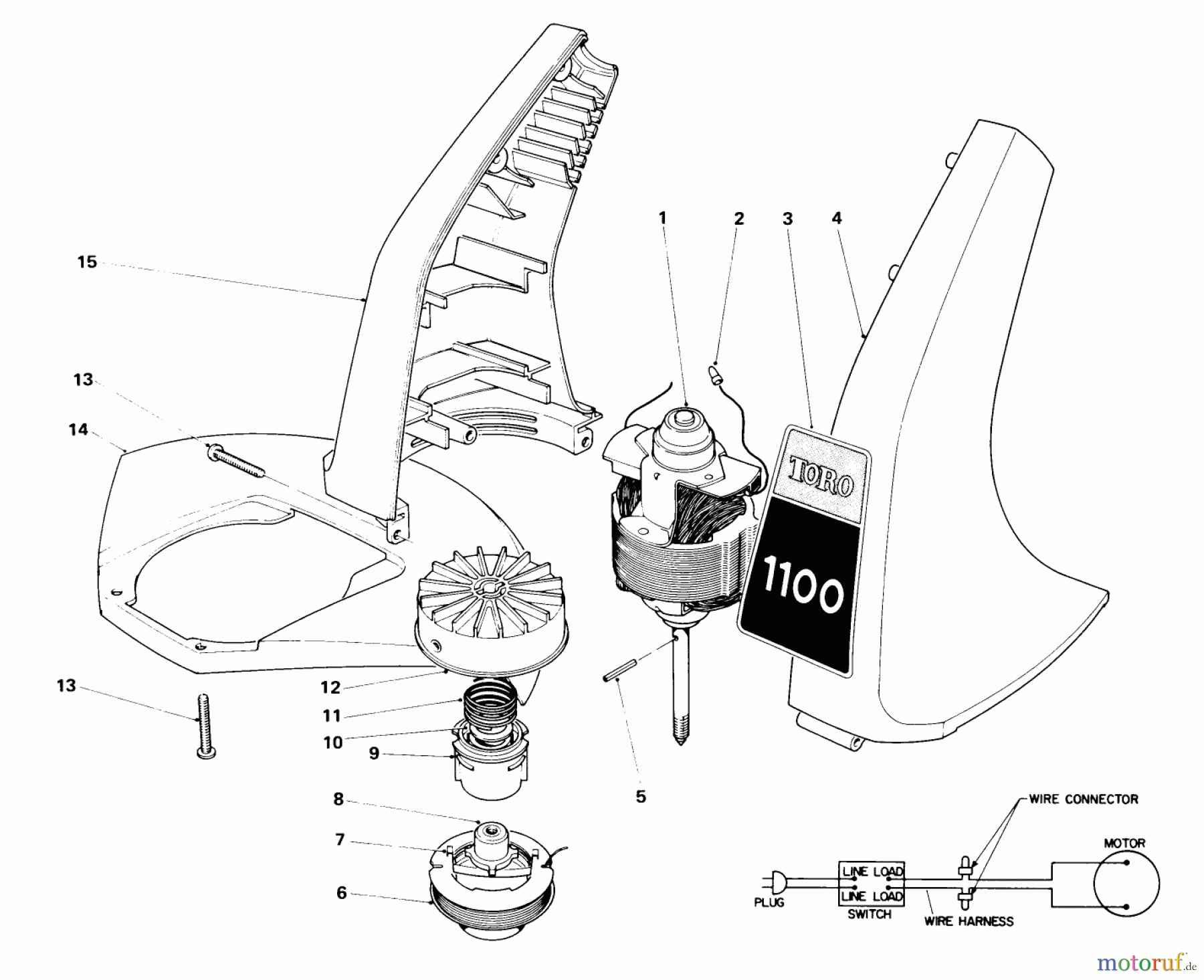 Toro Neu Trimmers, String/Brush 51325 (1100) - Toro 1100 Electric Trimmer, 1982 (2000001-2999999) MOTOR AND HOUSING ASSEMBLY