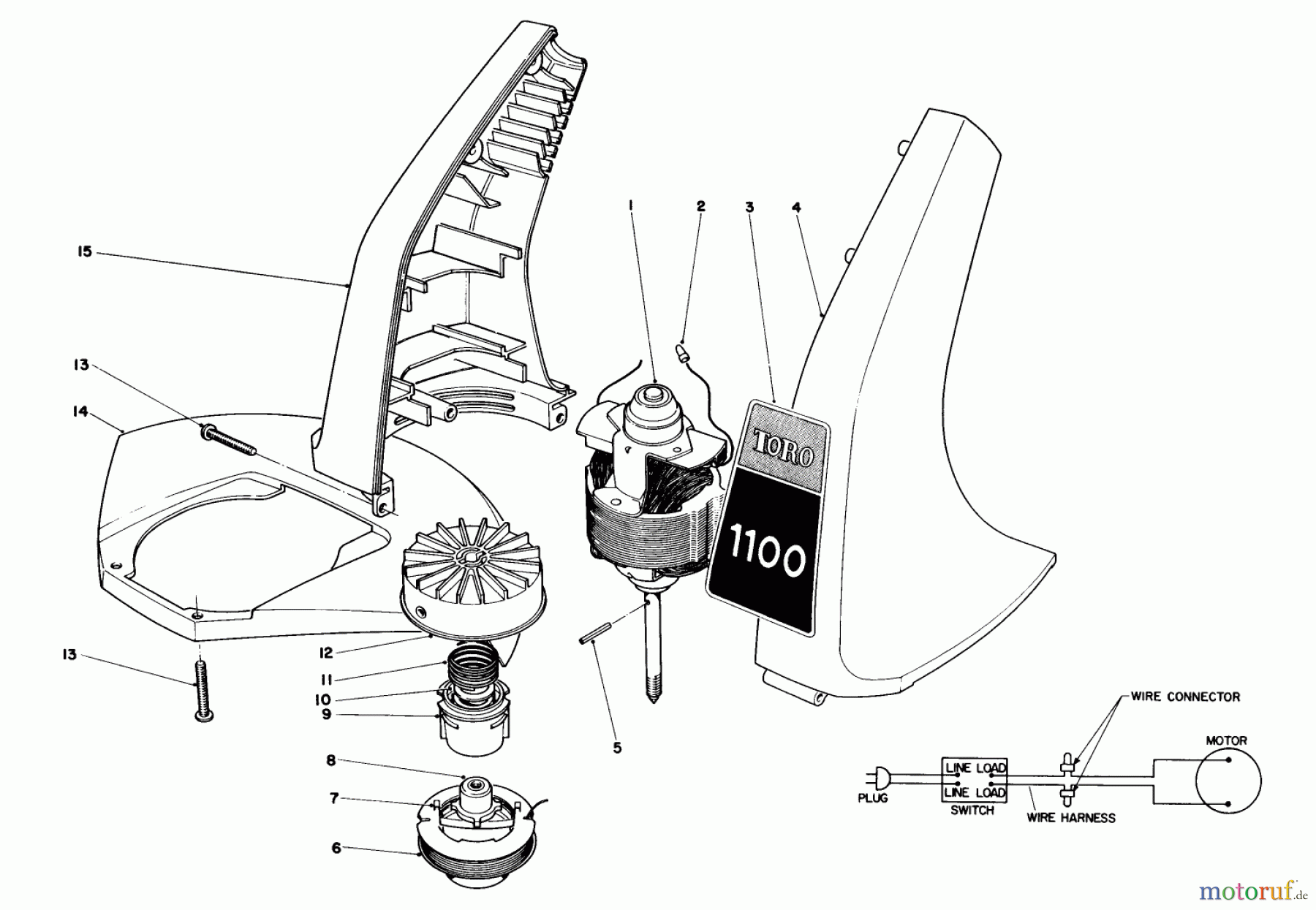 Toro Neu Trimmers, String/Brush 51325 (1100) - Toro 1100 Electric Trimmer, 1986 (6000001-6999999) MOTOR AND HOUSING ASSEMBLY