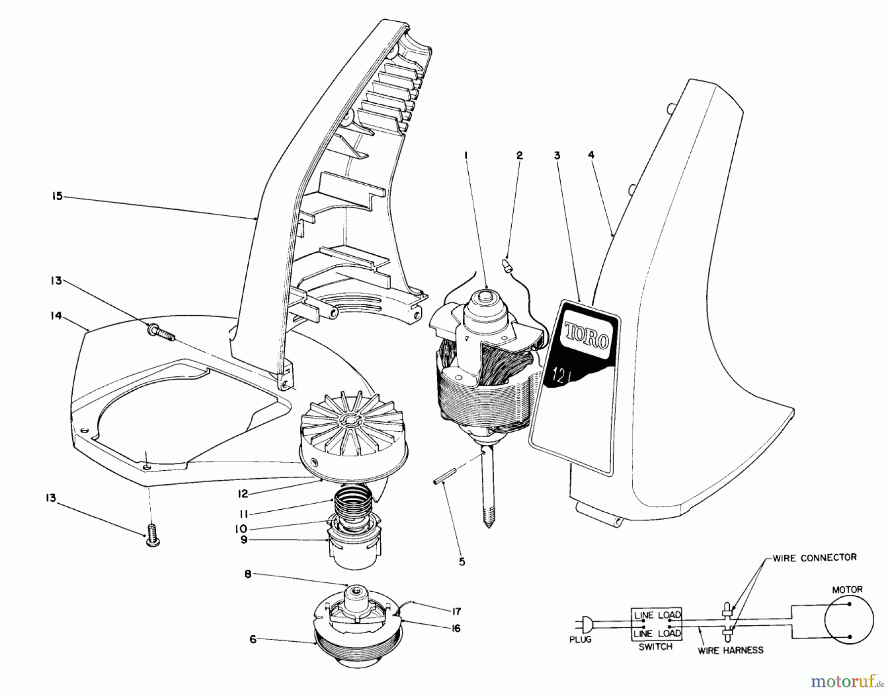 Toro Neu Trimmers, String/Brush 51325 (1100) - Toro 1100 Electric Trimmer, 1989 (9000001-9999999) MOTOR AND HOUSING ASSEMBLY