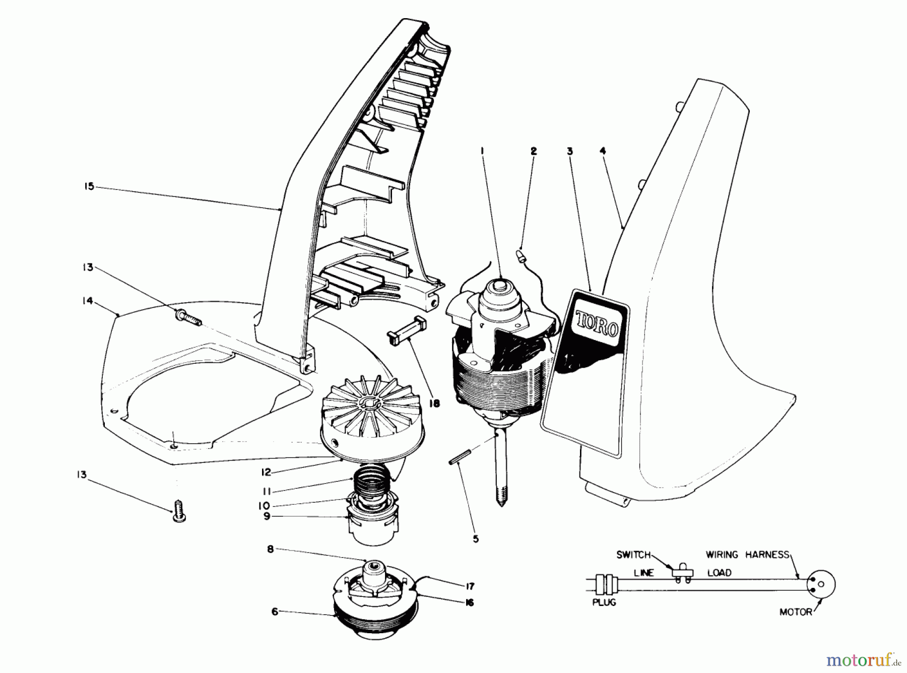 Toro Neu Trimmers, String/Brush 51325 (1100) - Toro 1100 Electric Trimmer, 1992 (2000001-2999999) MOTOR AND HOUSING ASSEMBLY