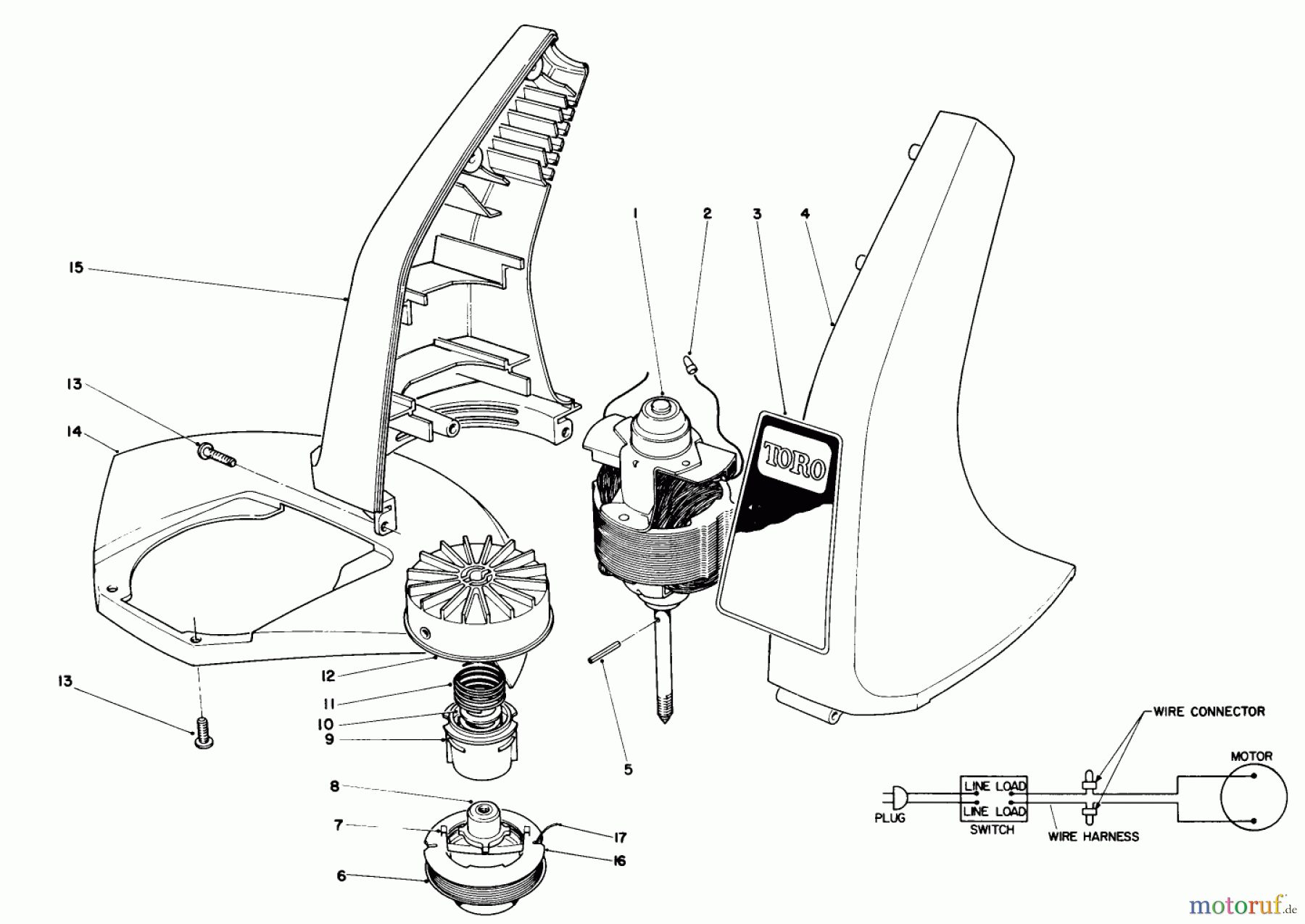  Toro Neu Trimmers, String/Brush 51328 (1100) - Toro 1100 Electric Trimmer, 1990 (0000001-0999999) MOTOR AND HOUSING ASSEMBLY