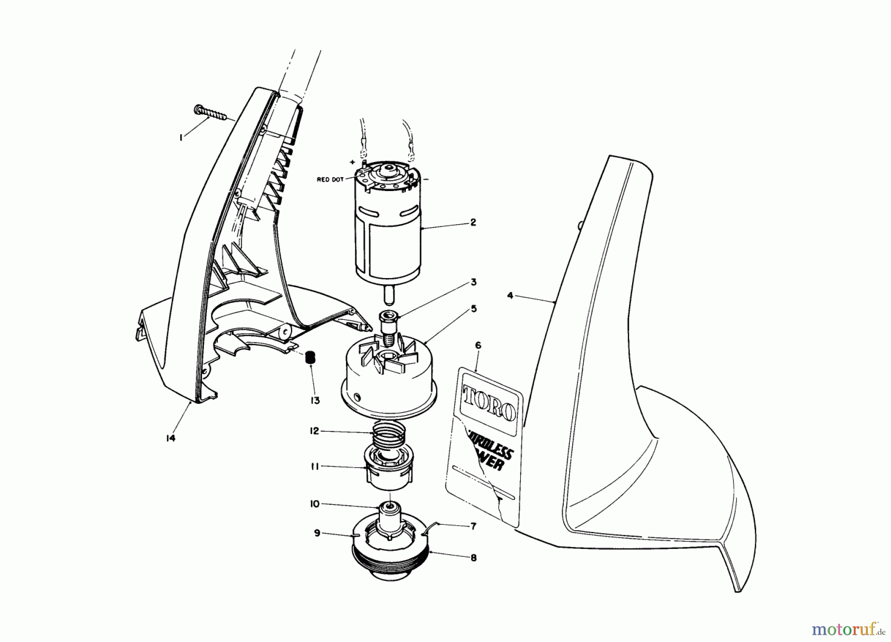  Toro Neu Trimmers, String/Brush 51770 - Toro 12 Volt Electric Trimmer, 1991 (1000001-1999999) MOTOR AND HOUSING ASSEMBLY