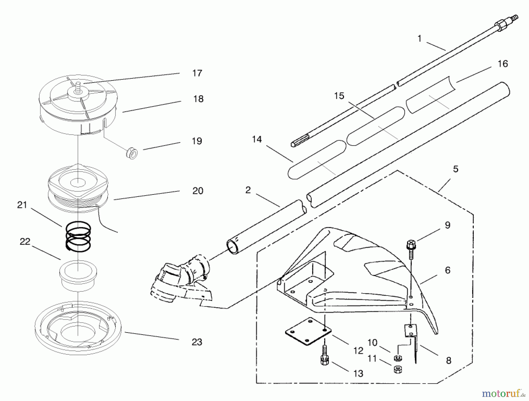 Toro Neu Trimmers, String/Brush 53002 - Toro Gas Trimmer, Straight Shaft (53005), 1998 (890001-895000) HEAD, SHAFT AND SHIELD ASSEMBLY