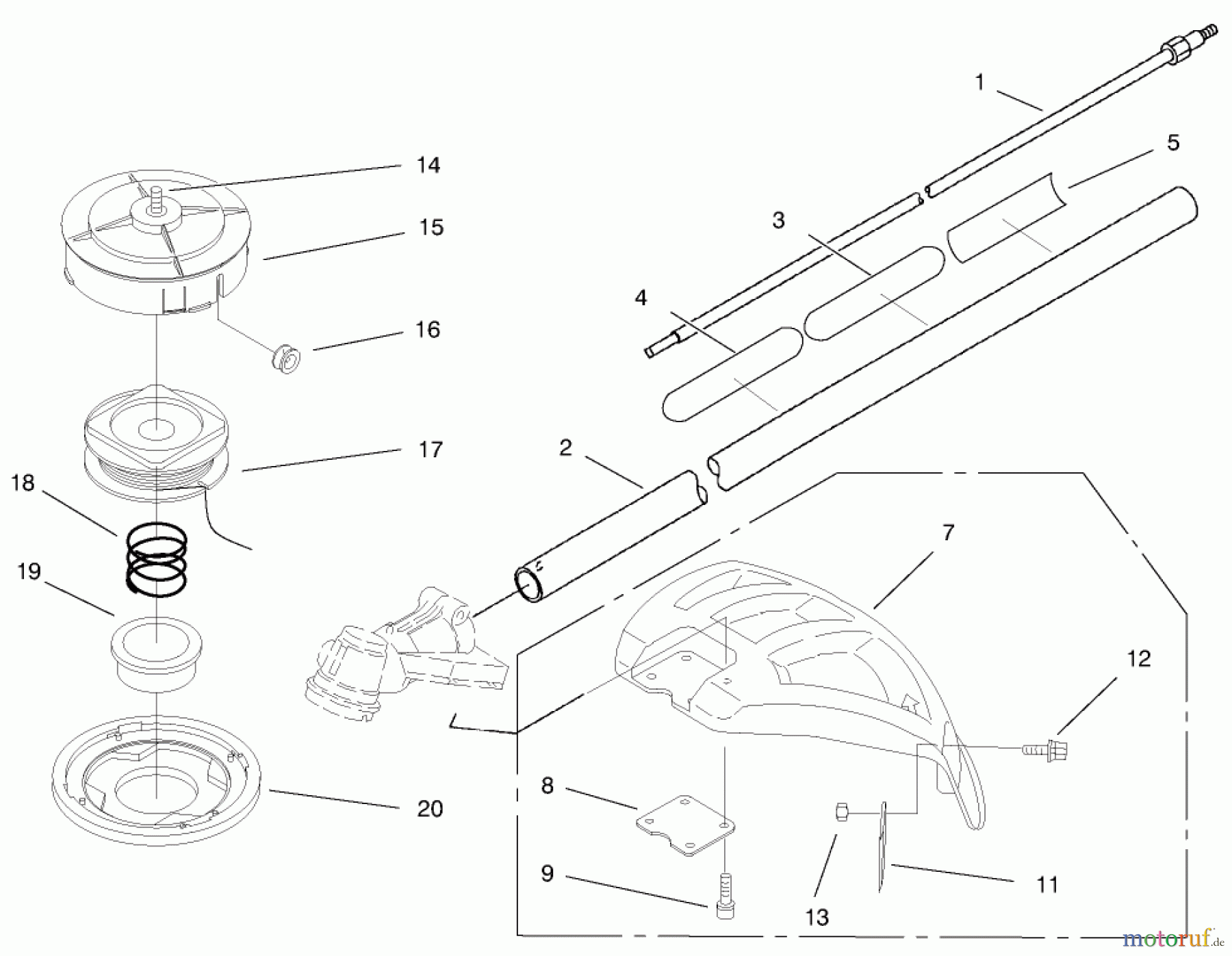 Toro Neu Trimmers, String/Brush 53009 - Toro Gas Trimmer, Straight Shaft, 1999 (990001-999999) HEAD, SHAFT AND SHIELD ASSEMBLY