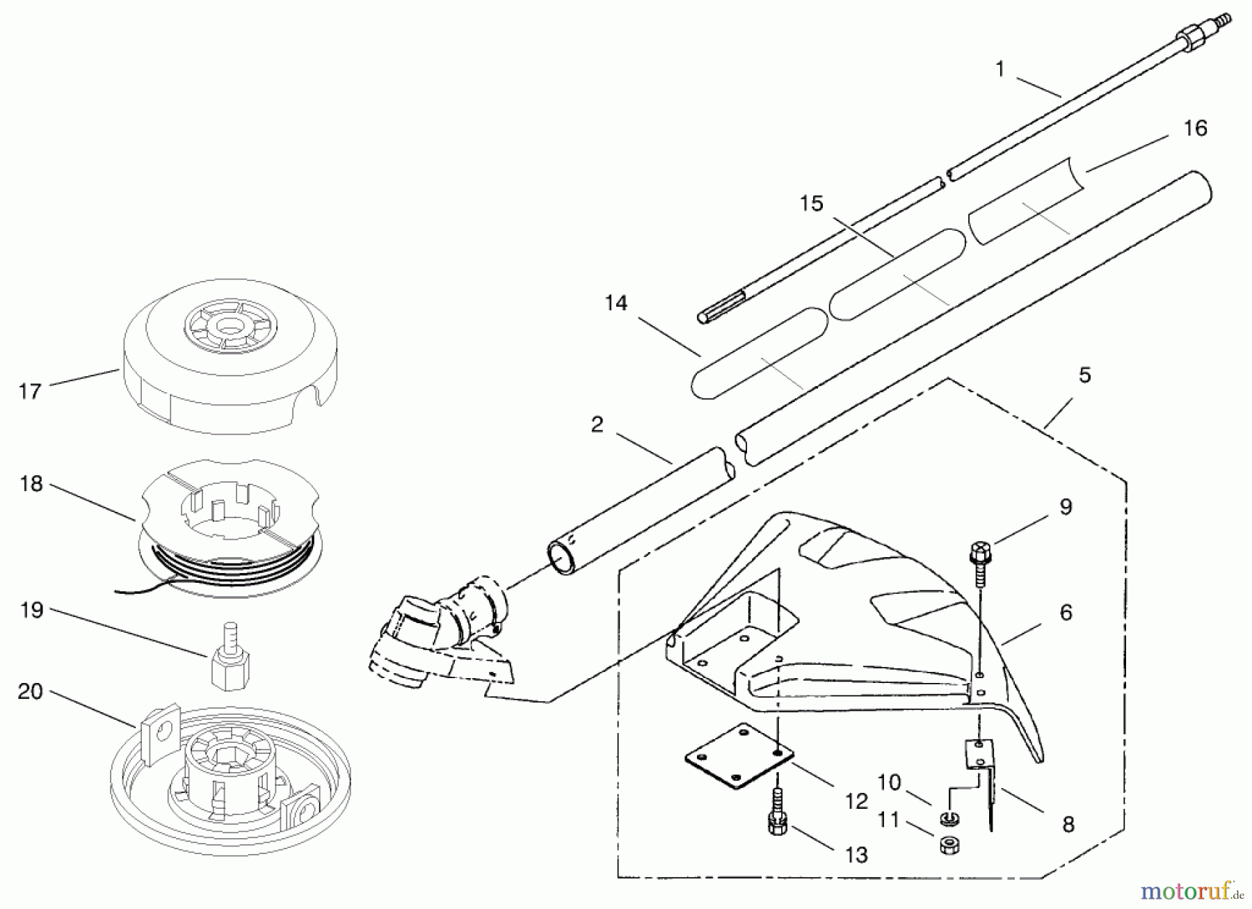 Toro Neu Trimmers, String/Brush 53011 - Toro Gas Trimmer, Straight Shaft (53005), 1998 (895001-899999) HEAD, SHAFT AND SHIELD ASSEMBLY