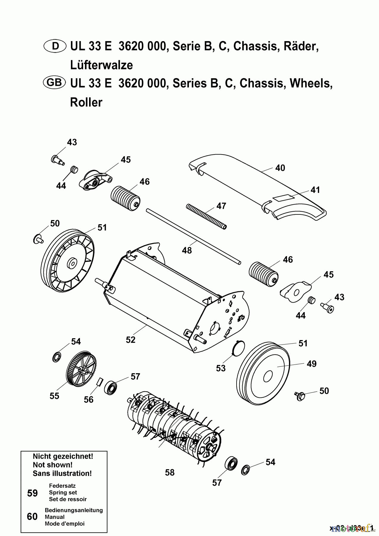 Wolf-Garten Rasenlüfter UL 33 ED 3620008 Serie B, C (2003) Messerwalze, Räder