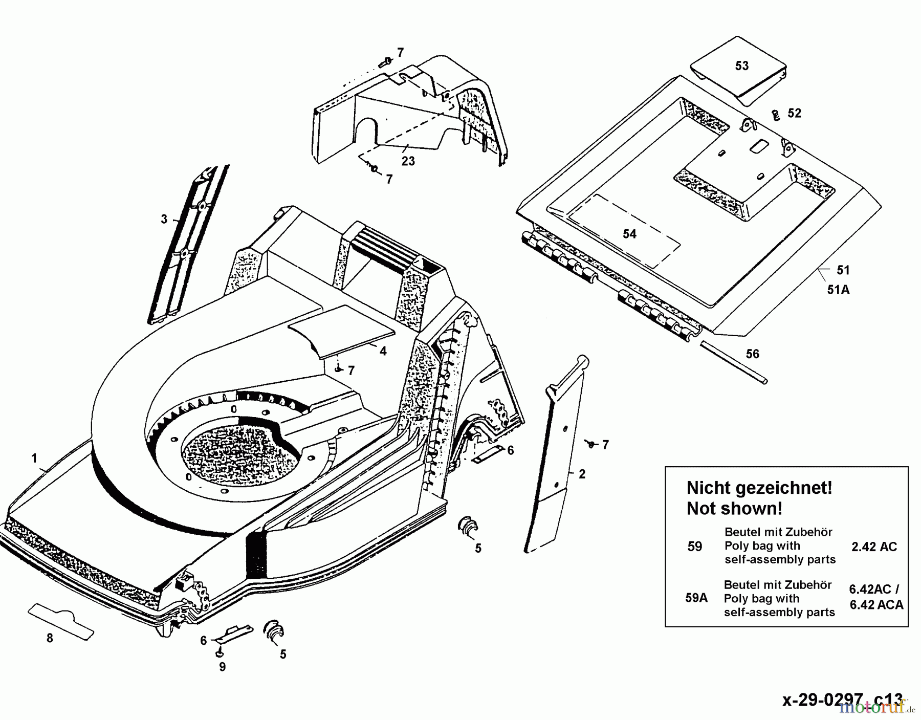 Wolf-Garten Akkumäher mit Antrieb 6.42 ACA 4946000 Serie B  (1997) Heckklappe, Mähwerksgehäuse